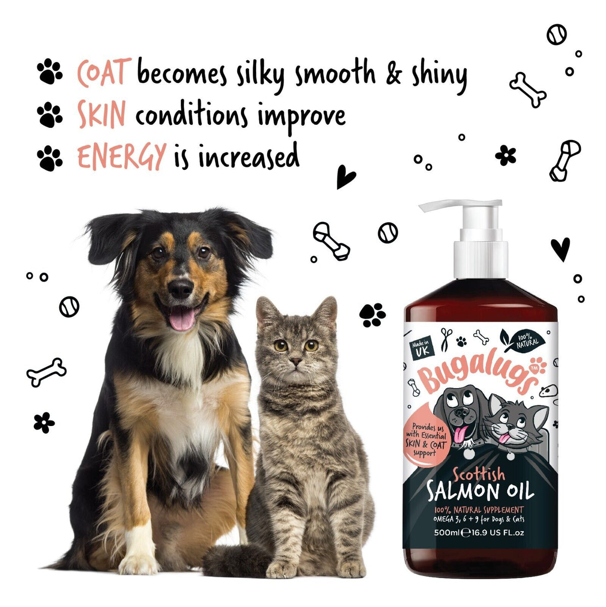 Bugalugs Dog Salmon Oil 100% Pure Dogs, Cats & Pets 500Ml, Healthy Skin & Coat